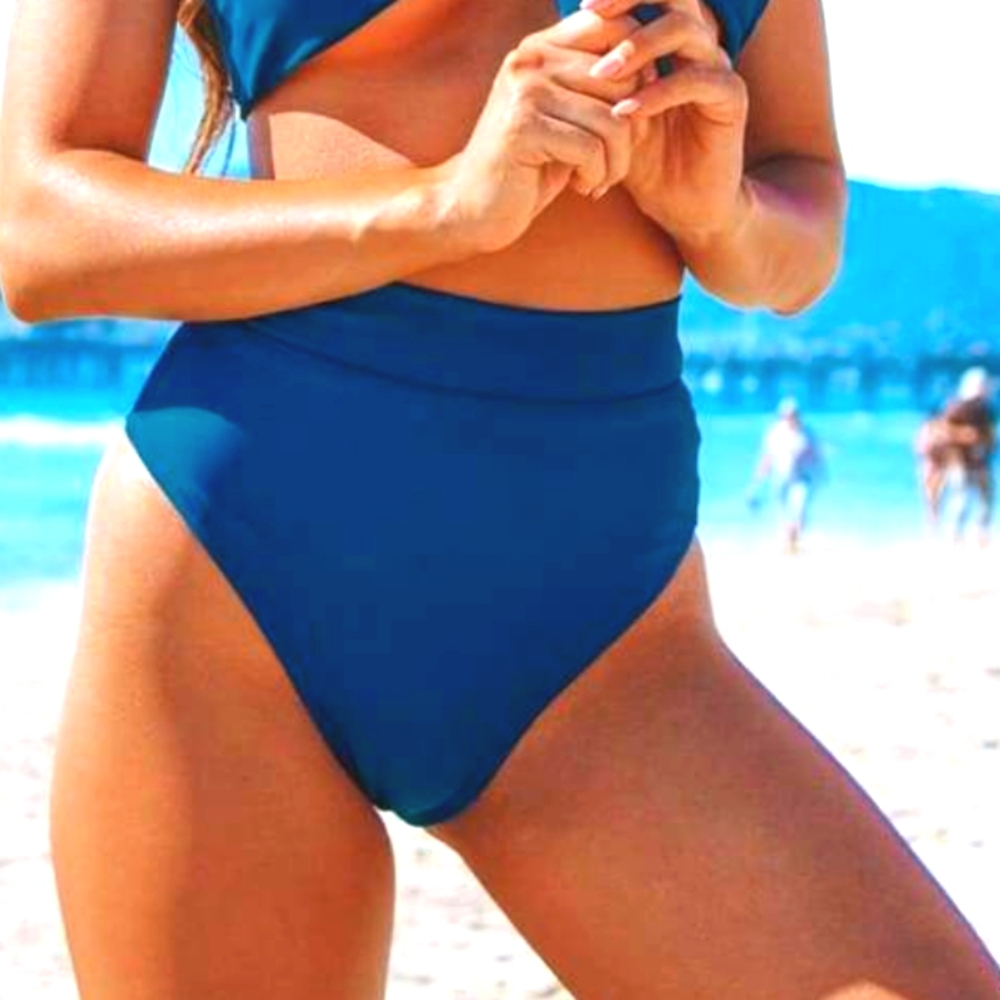 SEYCHELLES HIGH WAISTED BIKINI BOTTOMS IN MIDNIGHT TEAL / Pink Colada Bikini